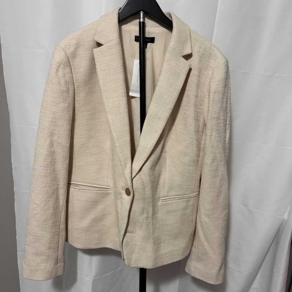 Ann Taylor Cream Textured Tweed One Button Blazer Jacket Tall 18T NWT